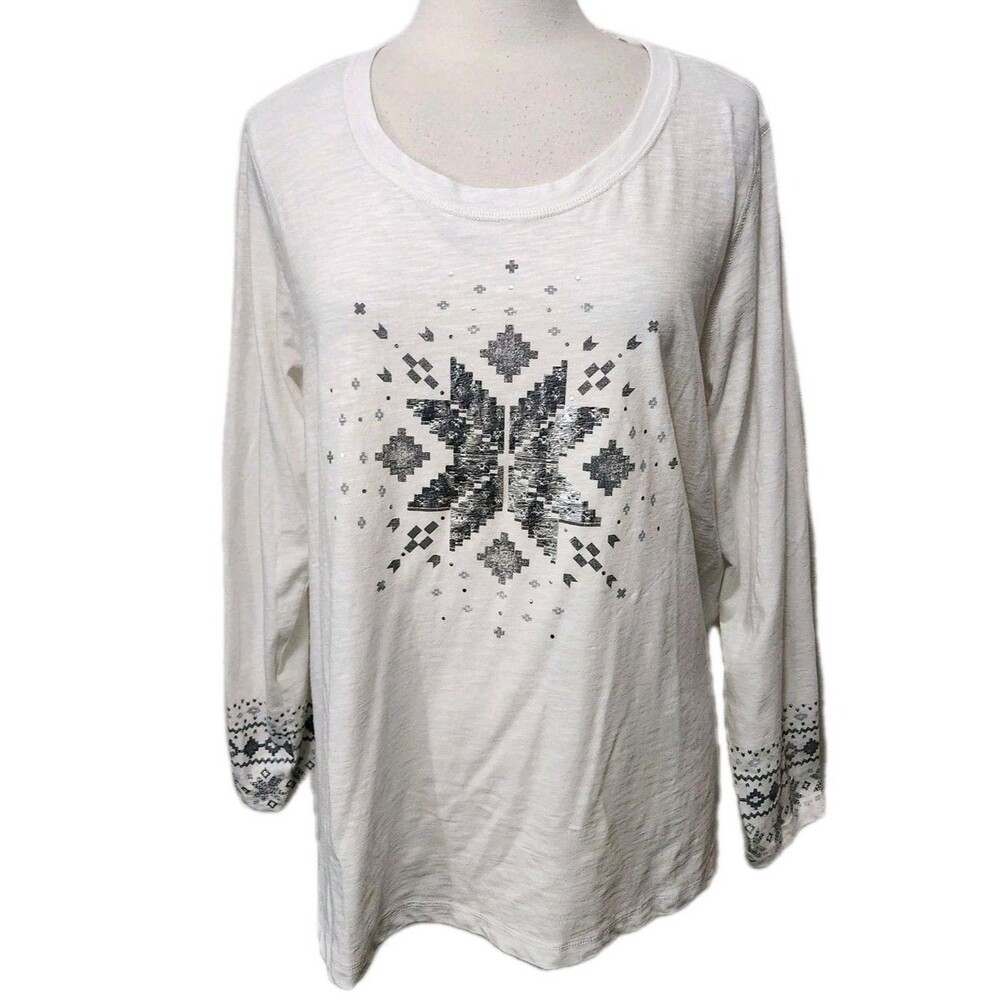 Made For Life Womens White Knit Top 2X Silver Foil Snowflake Long Slv Pullover